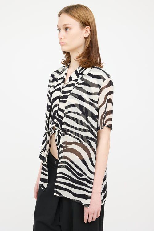Escada Black & White Silk Sheer Layered Tie Blouse