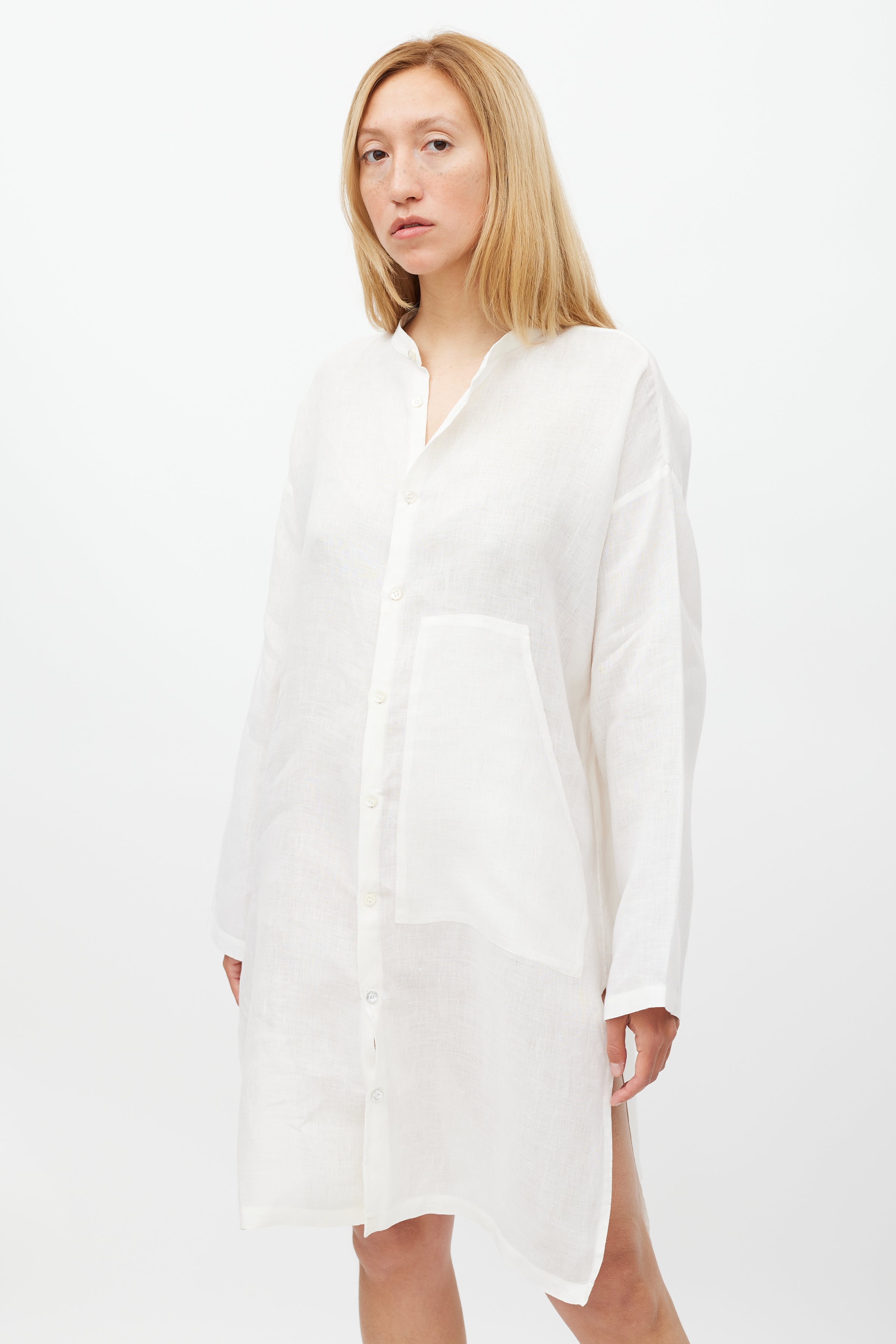 eskandar linen dress Eskandar Heavyweight Delave Linen Angle-To-Front Side Seam Scoop Neck T-Shirt Dress, Petrol, Women's, 1, Shirtdresses Button-Down Shirt Dresses