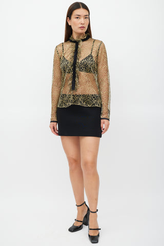 Etro Black & Gold Ruffled Mesh Top