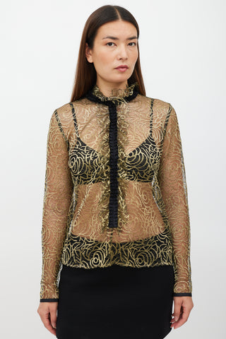 Etro Black & Gold Ruffled Mesh Top