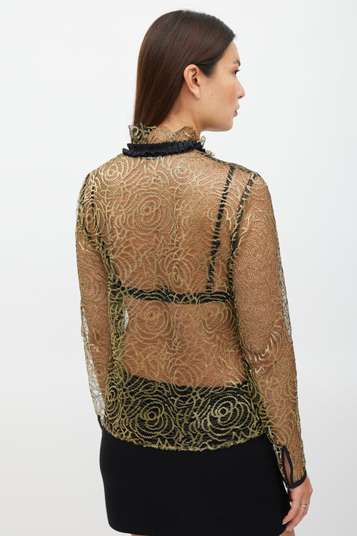 Etro Black & Gold Ruffled Mesh Top