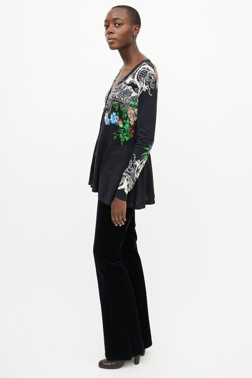 Etro Black & Multi Floral Peplum Cardigan