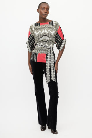 Etro Black & Multi Silk Print Tie Blouse
