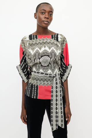 Etro Black & Multi Silk Print Tie Blouse
