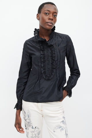 Etro Black Silk Floral Ruffled Shirt