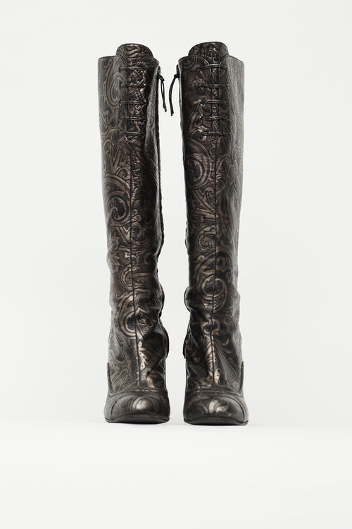 Etro Black & Silver Embossed Leather Knee High Boot