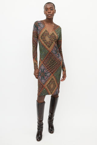 Etro Brown & Multi Print V-Neck Dress