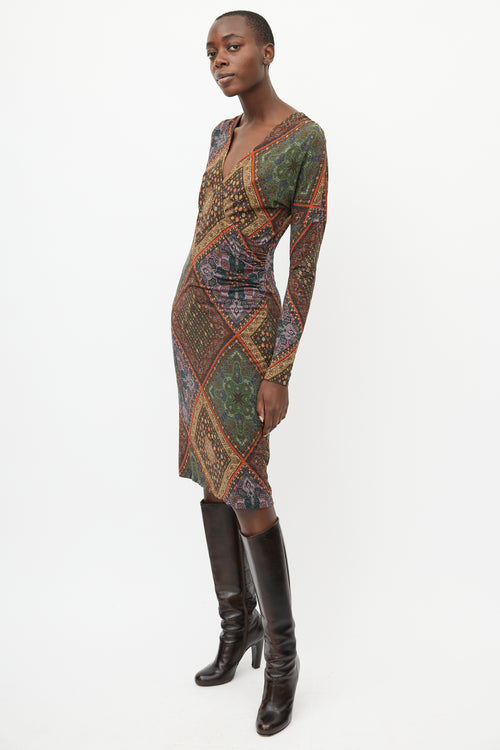 Etro Brown & Multi Print V-Neck Dress
