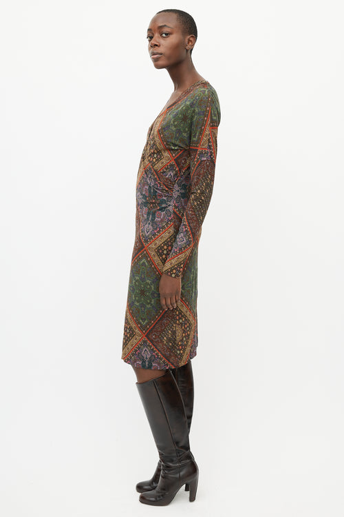 Etro Brown & Multi Print V-Neck Dress