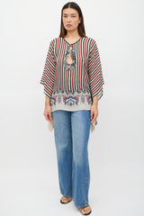 Etro Cream & Multicolour Silk Striped Tassel Poncho