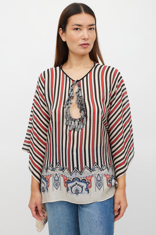 Etro Cream & Multicolour Silk Striped Tassel Poncho