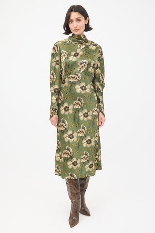 Etro Green & Multicolour Satin Floral Midi Dress