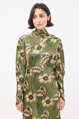 Etro Green & Multicolour Satin Floral Midi Dress