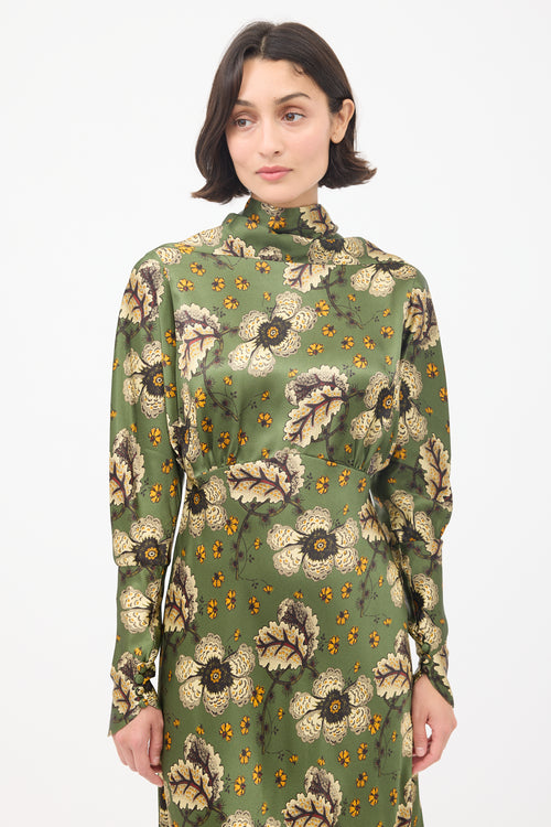 Etro Green & Multicolour Satin Floral Midi Dress