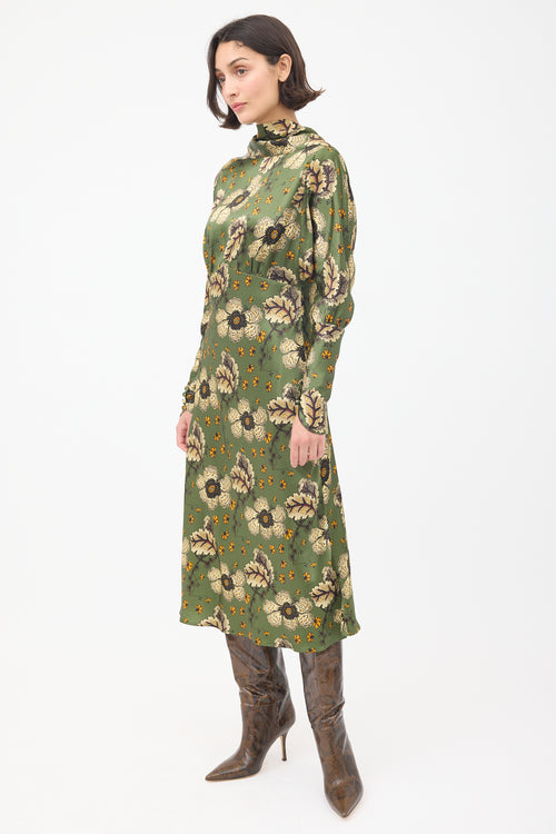 Etro Green & Multicolour Satin Floral Midi Dress