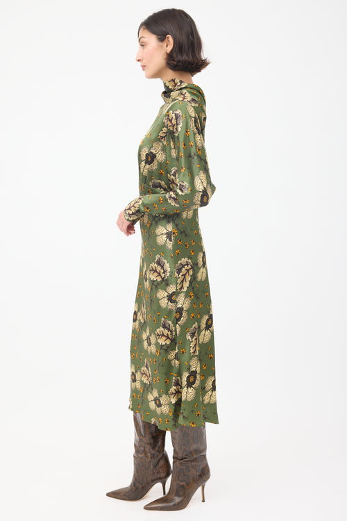 Etro Green & Multicolour Satin Floral Midi Dress