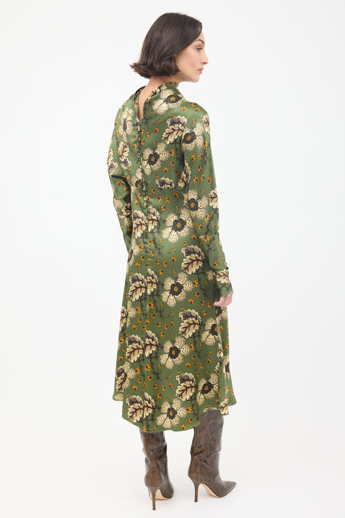 Etro Green & Multicolour Satin Floral Midi Dress