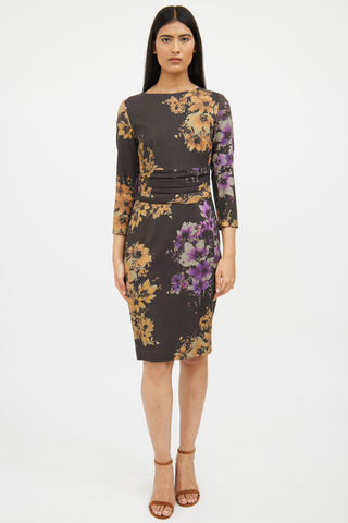 Etro Grey Multi Colour Floral Long Sleeve Dress