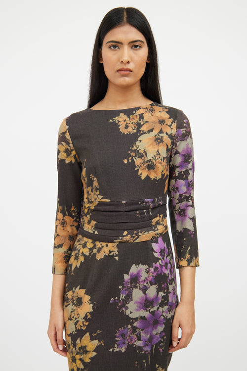 Etro Grey Multi Colour Floral Long Sleeve Dress