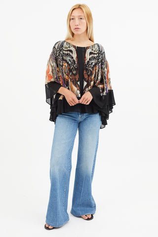 Etro Black & Multi Silk Print Pleated Blouse