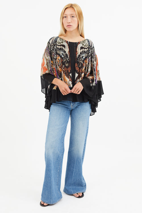 Etro Black & Multi Silk Print Pleated Blouse