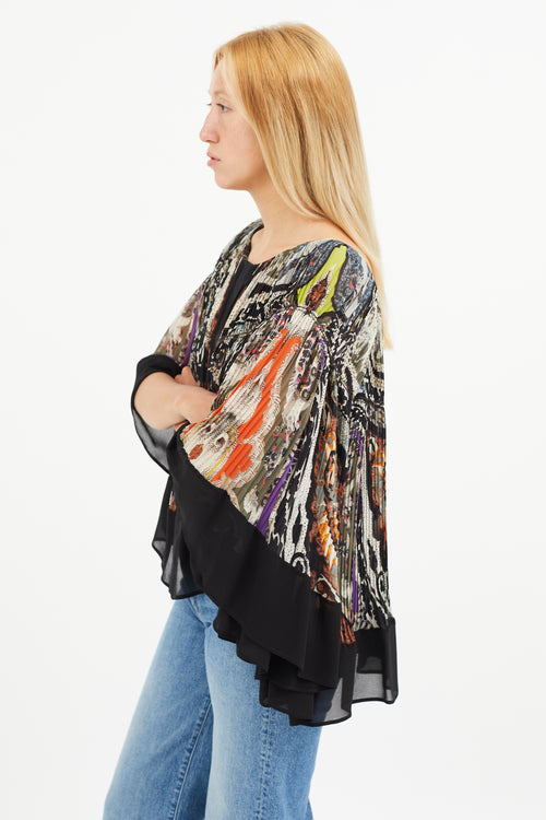 Etro Black & Multi Silk Print Pleated Blouse