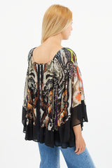 Etro Black & Multi Silk Print Pleated Blouse