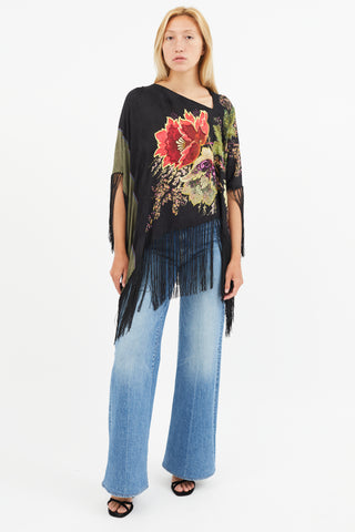Etro Black & Multi Silk Floral Beaded Tassel Cape
