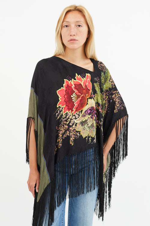 Etro Black & Multi Silk Floral Beaded Tassel Cape