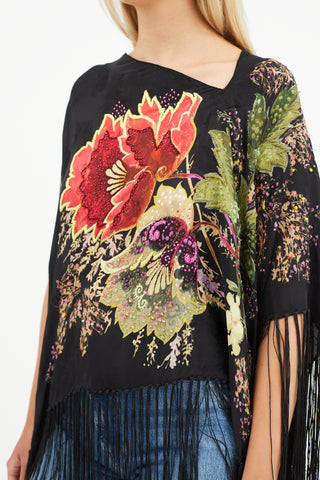 Etro Black & Multi Silk Floral Beaded Tassel Cape