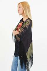 Etro Black & Multi Silk Floral Beaded Tassel Cape