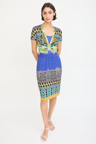 Etro Blue & Multicolour Printed Ruched Midi Dress