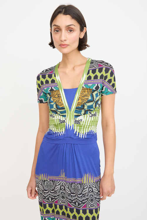 Etro Blue & Multicolour Printed Ruched Midi Dress