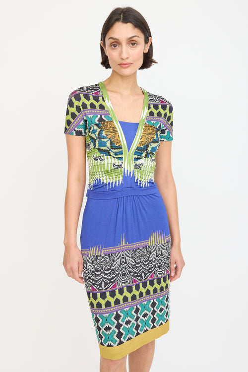 Etro Blue & Multicolour Printed Ruched Midi Dress