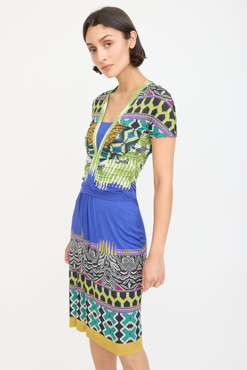 Etro Blue & Multicolour Printed Ruched Midi Dress