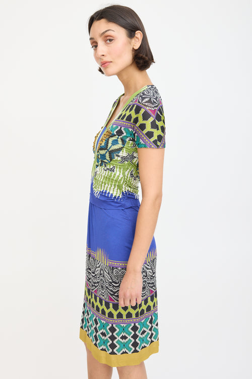 Etro Blue & Multicolour Printed Ruched Midi Dress