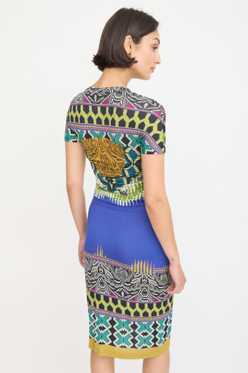 Etro Blue & Multicolour Printed Ruched Midi Dress