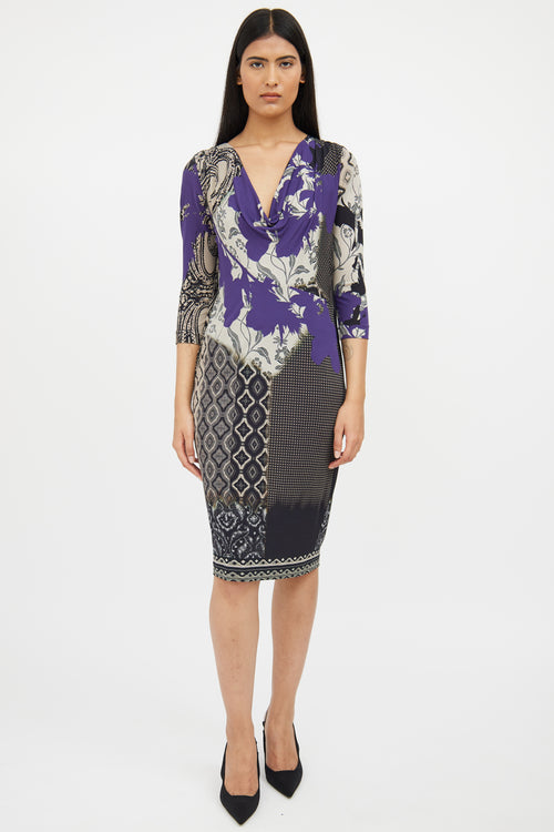 Etro Purple & Black Print Cowl Neck Dress