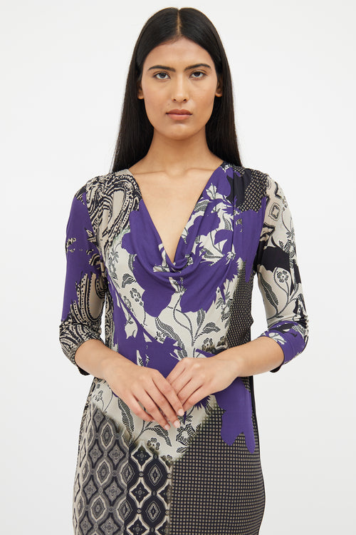 Etro Purple & Black Print Cowl Neck Dress