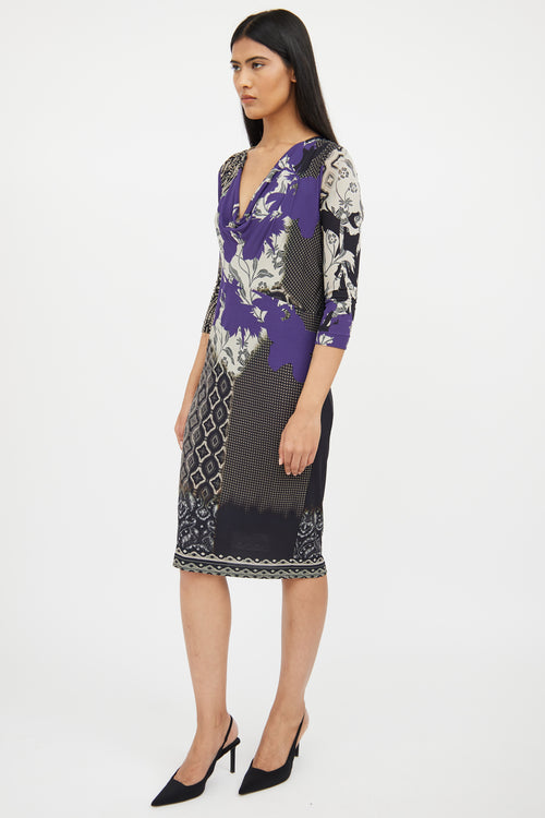 Etro Purple & Black Print Cowl Neck Dress