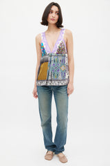 Etro Purple & Multicolour Silk Mixed Printed V-Neck Top