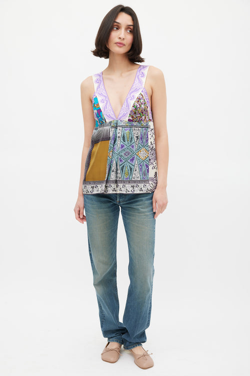 Etro Purple & Multicolour Silk Mixed Printed V-Neck Top