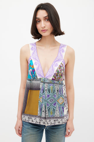 Etro Purple & Multicolour Silk Mixed Printed V-Neck Top