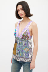 Etro Purple & Multicolour Silk Mixed Printed V-Neck Top