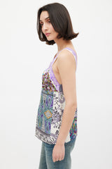 Etro Purple & Multicolour Silk Mixed Printed V-Neck Top