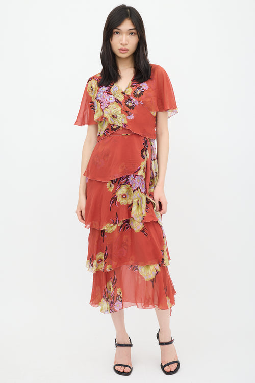 Etro Red & Multicolour Silk Floral Tiered Dress