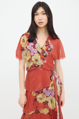 Etro Red & Multicolour Silk Floral Tiered Dress