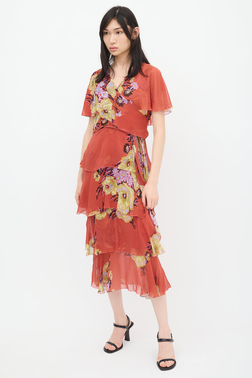 Etro Red & Multicolour Silk Floral Tiered Dress