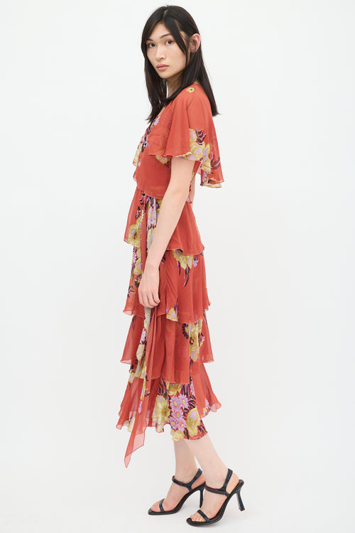 Etro Red & Multicolour Silk Floral Tiered Dress