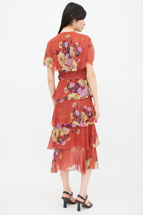 Etro Red & Multicolour Silk Floral Tiered Dress